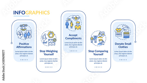 Body positivity tips vector infographic template. Positive affirmations presentation design elements. Data visualization with 5 steps. Process timeline chart. Workflow layout with linear icons