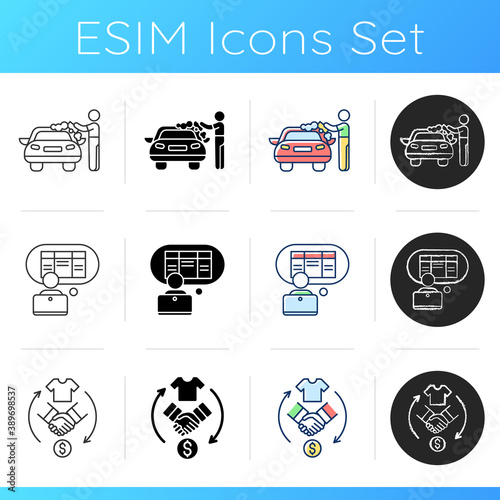 First-time jobs icons set. Car washer. Data entry clerk. Reseller. Administrative professional. Cleaning technician. Merchant. Linear, black and RGB color styles. Isolated vector illustrations