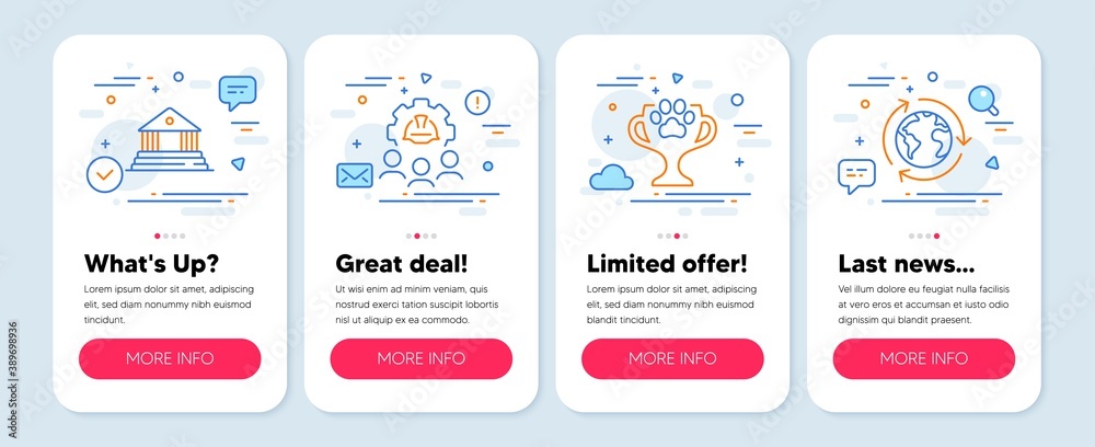 Set of Business icons, such as Winner cup, Court building, Engineering team symbols. Mobile app mockup banners. Outsourcing line icons. Dog competition, Judgement, Engineer person. Vector Set of Business icons, such as Winner cup, Court building, Engineering team symbols. Mobile app mockup banners. Outsourcing line icons. Dog competition, Judgement, Engineer person. Vector