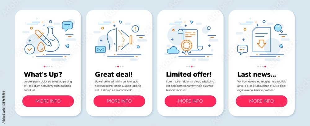 Set of Business icons, such as Certificate, Chemistry experiment, Face id symbols. Mobile app mockup banners. Download file line icons. Certified file, Laboratory flask, Phone scanning. Vector Set of Business icons, such as Certificate, Chemistry experiment, Face id symbols. Mobile app mockup banners. Download file line icons. Certified file, Laboratory flask, Phone scanning. Vector