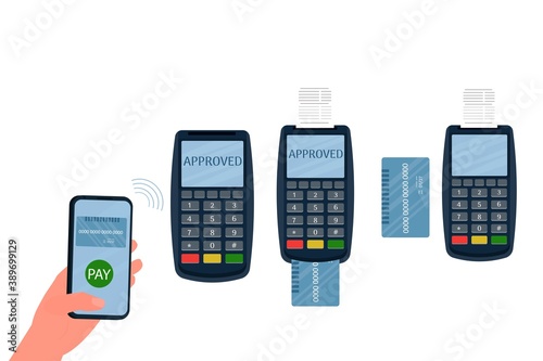 Mobile payment icon set isolated on white background. Wireless paying with POS and smartphone. Human hands holding credit cards. Flat style.