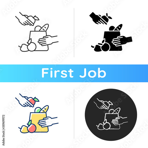 Grocery bagger icon. Packer. Putting groceries into shopping bag. Part time worker. Bagging grocery items. Supermarket job. Linear black and RGB color styles. Isolated vector illustrations