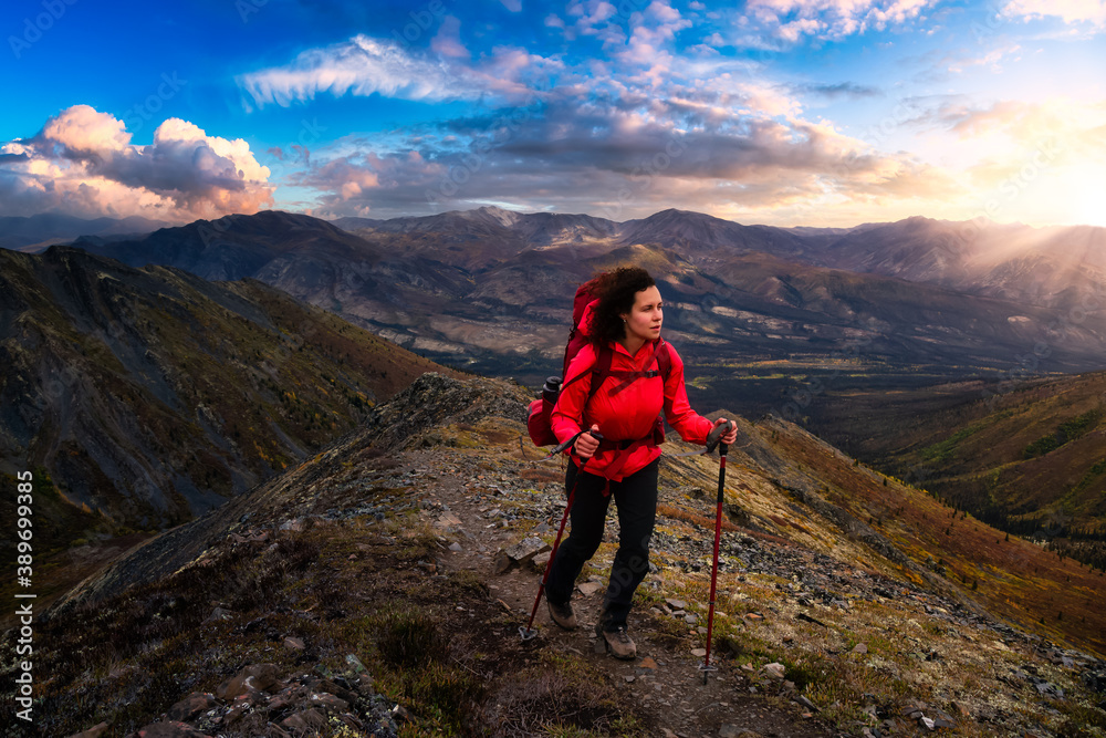 Woman Backpacking along Scenic Hiking Trail surrounded by Mountains in Canadian Nature. Dramatic Colorful Sunrise Artistic Render. Taken in Tombstone Territorial Park, Yukon, Canada.