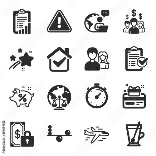 Set of Business icons, such as Survey checklist, Teamwork, Airplane symbols. Salary employees, Balance, Tea mug signs. Private payment, Timer, Loyalty card. Loan percent, Magistrates court. Vector