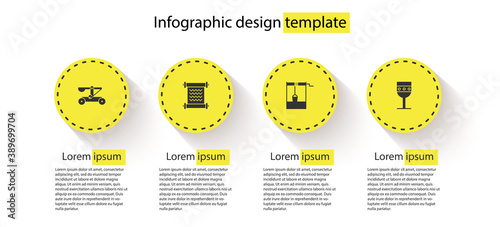 Set Catapult shooting stones, Decree, parchment, scroll, Well with bucket and Medieval goblet. Business infographic template. Vector.
