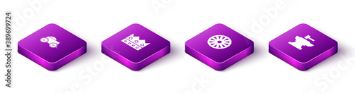 Set Isometric Wooden four-wheel cart, King crown, Old wooden and Anvil for blacksmithing hammer icon. Vector.