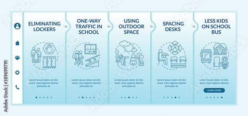 Covid school safety guidelines onboarding vector template. Eliminating locks. Less kids on school bus. Responsive mobile website with icons. Webpage walkthrough step screens. RGB color concept