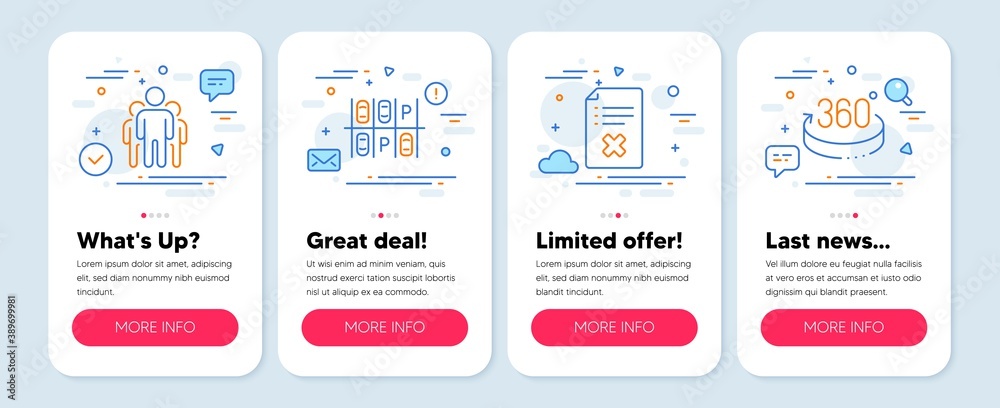 Set of Technology icons, such as Reject file, Group, Parking place symbols. Mobile screen mockup banners. 360 degrees line icons. Decline agreement, Managers, Transport. Full rotation. Vector
