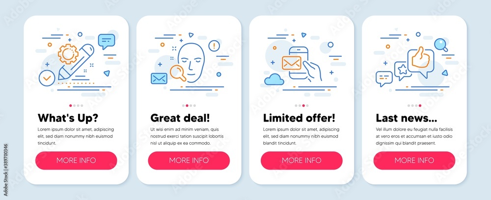 Set of Technology icons, such as Face search, Project edit, Messenger mail symbols. Mobile app mockup banners. Like line icons. Find user, Settings, New e-mail. Star rating. Face search icons. Vector