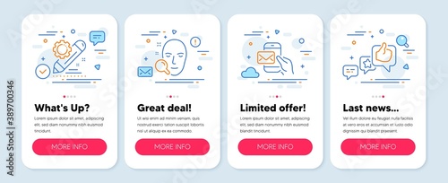Set of Technology icons, such as Face search, Project edit, Messenger mail symbols. Mobile app mockup banners. Like line icons. Find user, Settings, New e-mail. Star rating. Face search icons. Vector