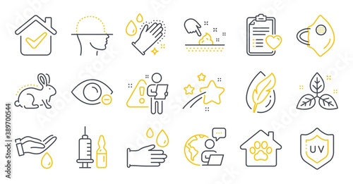 Set of Healthcare icons, such as Wash hands, Medical mask, Washing hands symbols. Animal tested, Myopia, Patient history signs. Uv protection, Hypoallergenic tested, Pet shelter. Vector