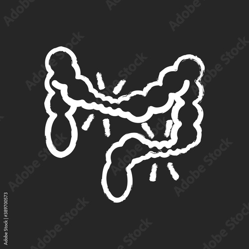 Irritable bowel syndrome chalk white icon on black background. Large intestine. Cramping. Abdominal pain. IBS. Chronic condition. Digestive system. Isolated vector chalkboard illustration