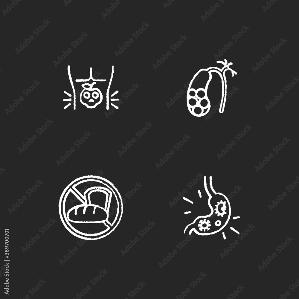 Discomfort in abdomen chalk white icons set on black background. Food poisoning. Gallstones. Gluten intolerance. Stomach virus. Foodborne illness. Isolated vector chalkboard illustrations Discomfort in abdomen chalk white icons set on black background. Food poisoning. Gallstones. Gluten intolerance. Stomach virus. Foodborne illness. Isolated vector chalkboard illustrations