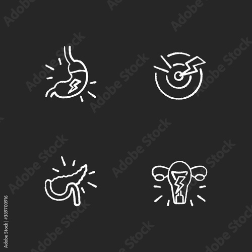 Stomachache chalk white icons set on black background. Dyspepsia. Acute pain. Pancreatitis. Menstrual cramps. Burning sensation in belly. Digestive disorder. Isolated vector chalkboard illustrations