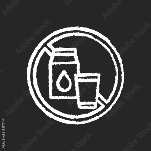 Lactose intolerance chalk white icon on black background. Digestive disorder. Dairy products. Enzyme lactase. Milk and yogurt. Abdominal pain. Isolated vector chalkboard illustration