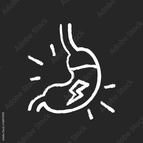 Indigestion chalk white icon on black background. Dyspepsia. Upset stomach. Burning sensation in belly. Discomfort in upper abdomen. Heartburn. Isolated vector chalkboard illustration