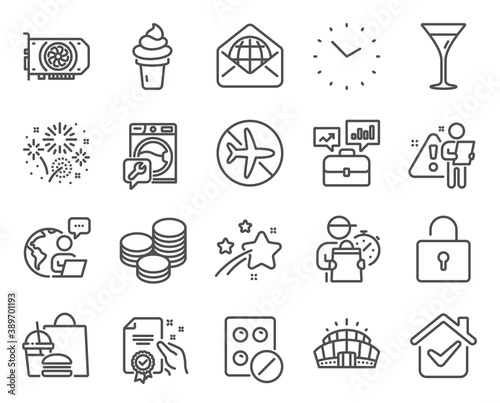Business icons set. Included icon as Medical tablet, Gpu, Washing machine signs. Certificate, Arena stadium, Martini glass symbols. Lock, Time, Flight mode. Ice cream, Business portfolio. Vector