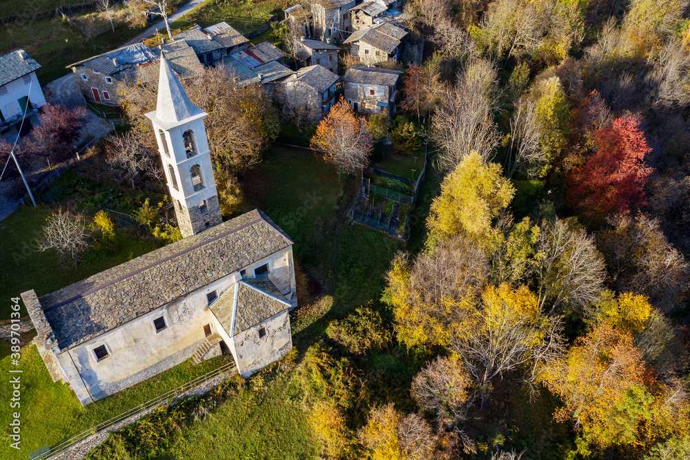 Valtellina, Italy, aerial view of the Church of San Giovanni Battista near Carnale Valtellina, Italy, aerial view of the Church of San Giovanni Battista near Carnale