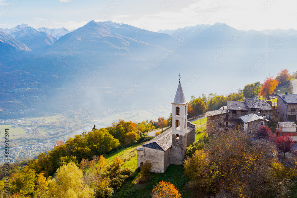 Valtellina, Italy, aerial view of the Church of San Giovanni Battista near Carnale