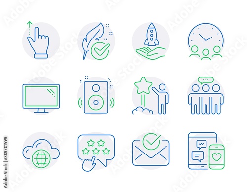 Technology icons set. Included icon as Crowdfunding, Employees group, Meeting time signs. Hypoallergenic tested, Touchscreen gesture, Monitor symbols. Cloud computing, Ranking star, Star. Vector