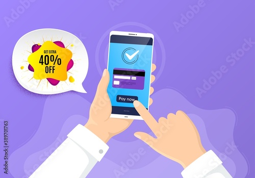 40% sale liquid shape sticker. Pay by credit card from phone. Discount banner. Sale coupon icon. Sale shape badge. Online payment by credit card. Hand hold smartphone. Vector