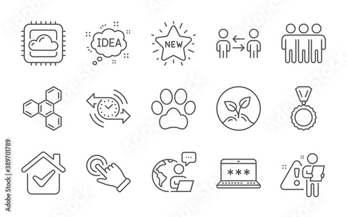 Laptop password, New star and Friendship line icons set. Teamwork business, Dog paw and Medal signs. Startup, Chemical formula and Cloud computing symbols. Line icons set. Vector