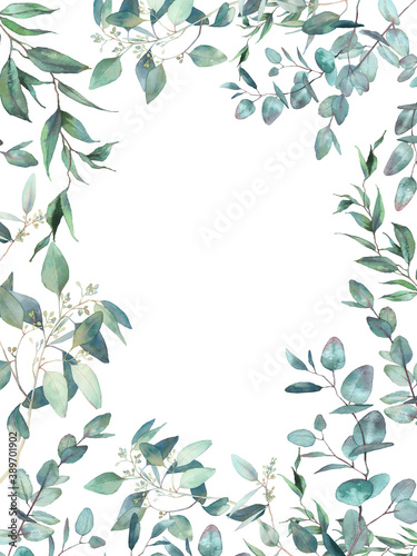 Watercolor eucalyptus card design. Hand painted vertical floral frame isolated on white background.