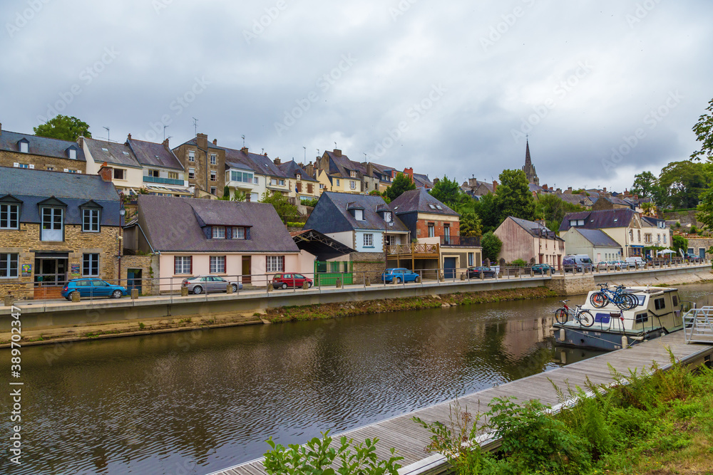 Josselin, France. Picturesque embankments of the L'Oust river