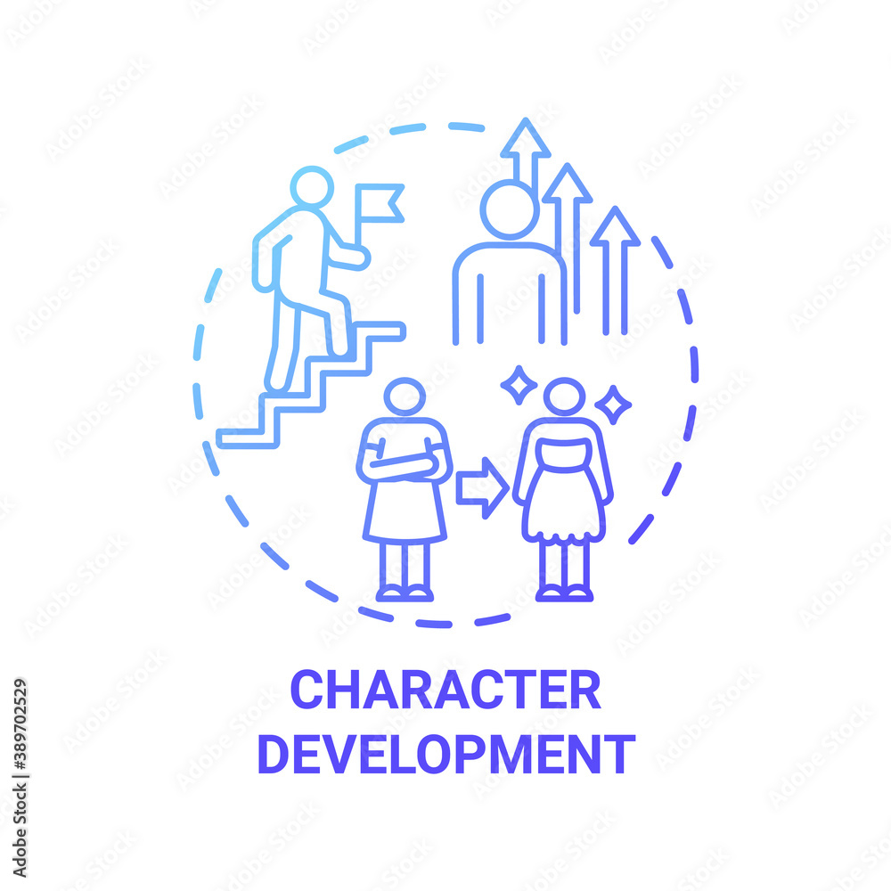 Character development concept icon. Creative writing elements. During story going changing. Improving to plot ending idea thin line illustration. Vector isolated outline RGB color drawing Character development concept icon. Creative writing elements. During story going changing. Improving to plot ending idea thin line illustration. Vector isolated outline RGB color drawing