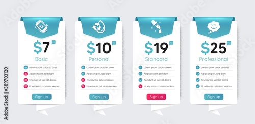 Included icon as Recycle water, Speech bubble, Call center signs. Price table template, business plan chart. Technology icons set. Chemistry pipette flat icons. Vector