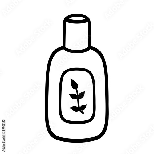 Vector illustration of a bottle with a picture of a plant branch in the Doodle style. A bottle with a natural cosmetics: care product, lotion, balm, cream or shampoo.