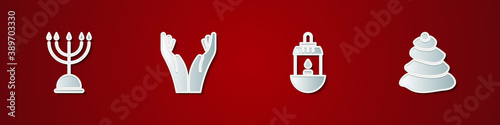 Set Hanukkah menorah, Hands in praying position, Ramadan Kareem lantern and Stack hot stones icon. Vector.