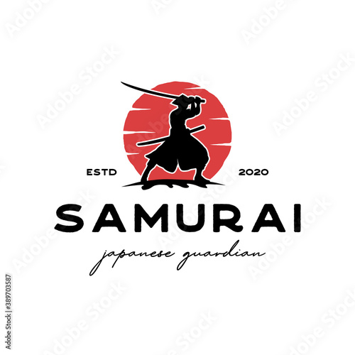 Vintage Samurai moon logo design illustration