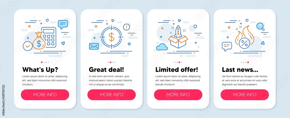 Set of Finance icons, such as Finance calculator, Startup, Dollar target symbols. Mobile screen banners. Hot loan line icons. Calculate money, Innovation, Aim with usd. Discount offer. Vector