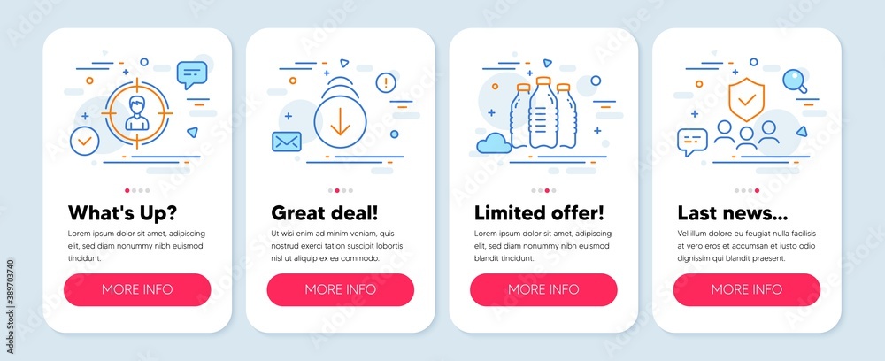 Set of Business icons, such as Scroll down, Headhunting, Water bottles symbols. Mobile screen banners. Security agency line icons. Swipe screen, Person in target, Aqua drinks. Body guard. Vector