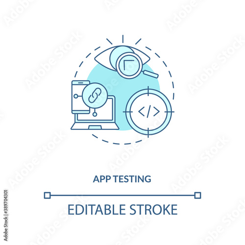 App testing concept icon. Mobile app development process. Finding different problems that break project idea thin line illustration. Vector isolated outline RGB color drawing. Editable stroke