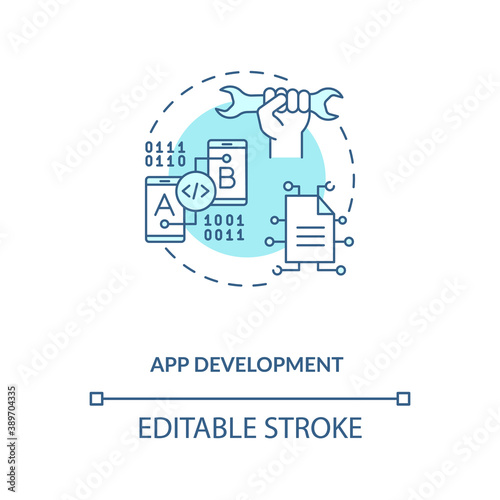 App development concept icon. Mobile app development process. Futuristic application planning process idea thin line illustration. Vector isolated outline RGB color drawing. Editable stroke