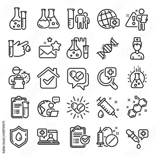 Medical healthcare, doctor line icons. Drug testing, scientific discovery and disease prevention signs. Chemical formula, medical doctor research, chemistry testing lab icons. Line icon set. Vector