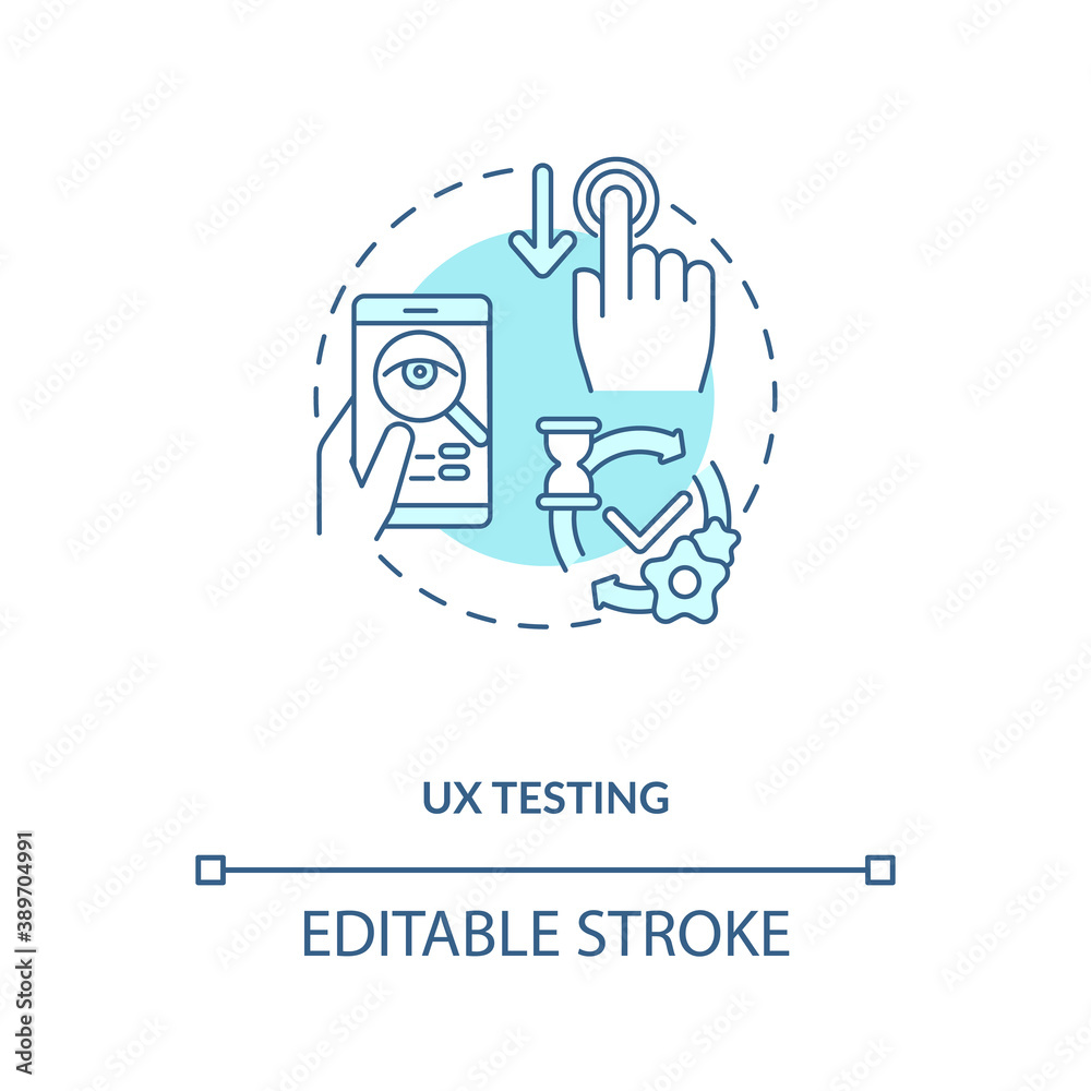 UX testing concept icon. App testing components. Great user experience. Checking project correct working idea thin line illustration. Vector isolated outline RGB color drawing. Editable stroke UX testing concept icon. App testing components. Great user experience. Checking project correct working idea thin line illustration. Vector isolated outline RGB color drawing. Editable stroke