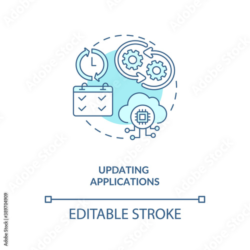 Updating applications concept icon. App developer skills. Creating new functionaolity and making updates idea thin line illustration. Vector isolated outline RGB color drawing. Editable stroke