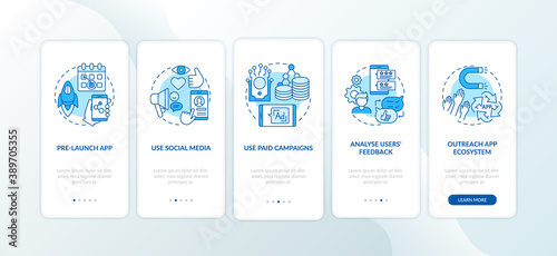 App marketing tips onboarding mobile app page screen with concepts. Use social media for add walkthrough 5 steps graphic instructions. UI vector template with RGB color illustrations