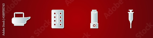 Set Bedpan, Pills in blister pack, Inhaler and Syringe icon. Vector.