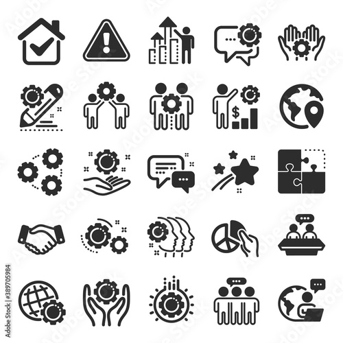 Employees benefits icons. Business strategy, handshake and people collaboration. Teamwork, social responsibility, people relationship icons. Growth chart, employees benefits. Flat icon set. Vector