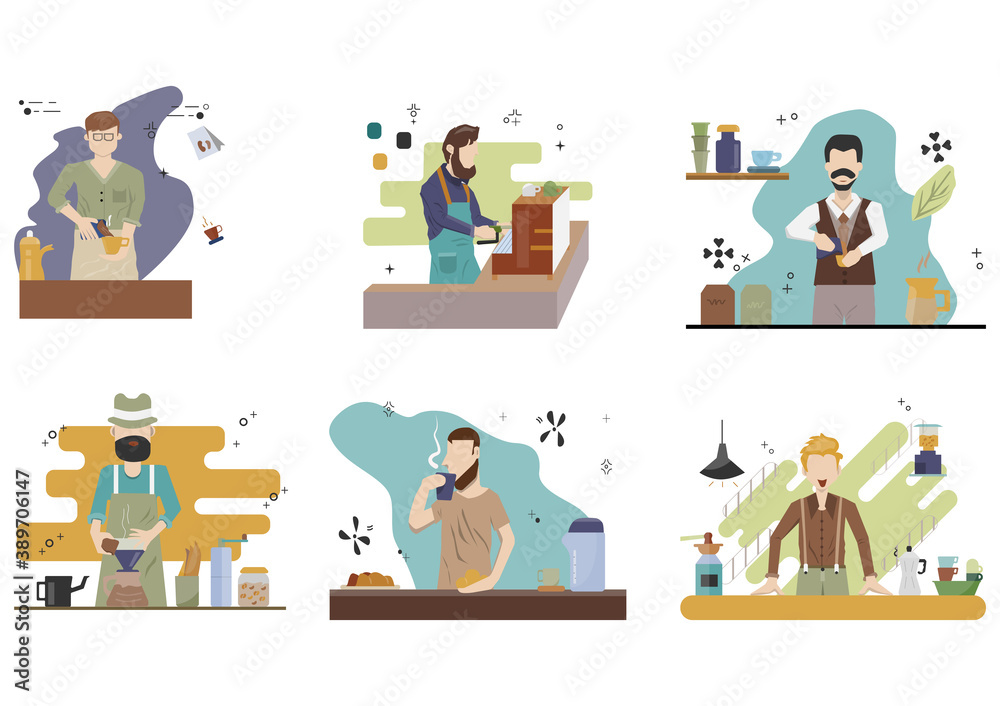 Barista making coffee. People Roasted coffee for dripping hot into the cup tools brewing drip grinding coffee beans with manual stainless steel is drawn illustrations. Flat vector set