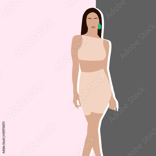 tanned girl in a pink suit, underwear. Silhouette of a beautiful toned brunette and a green earring.
