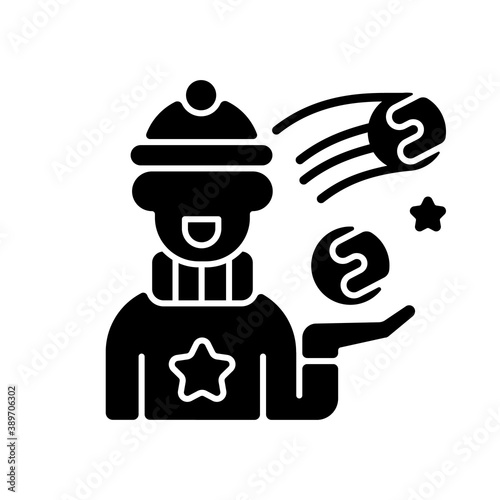 Snowball fight black glyph icon. Winter recreation. Kids playing. Snow ball children game. Festive season entertainment. Christmas time. Silhouette symbol on white space. Vector isolated illustration