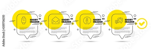 Info, Smartwatch and Mail line icons set. Timeline infograph speech bubble. Like sign. Information, Digital time, E-mail. Star rating. Technology set. Infographics timeline process. Vector