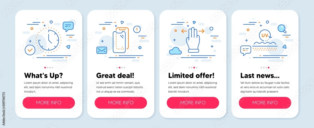 Set of Business icons, such as Multitasking gesture, Time, Smartphone glass symbols. Mobile screen app banners. Uv protection line icons. Swipe, Clock, Phone protect. Skin cream. Vector