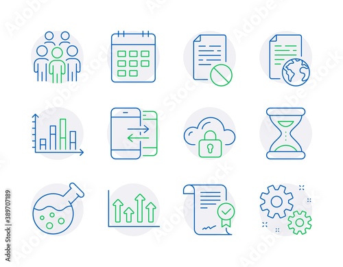 Education icons set. Included icon as Calendar, Internet document, Cloud protection signs. Approved agreement, Chemistry lab, Time symbols. Group people, Upper arrows, Phone communication. Vector