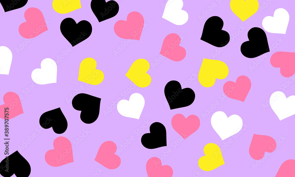 Abstract black, white, pink and yellow heart pattern in seamless design on light pink background. Abstract black, white, pink and yellow heart pattern in seamless design on light pink background.